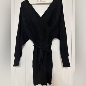 Black Ribbed Wrap Sweater Dress size small stretchy v neck long sleeve